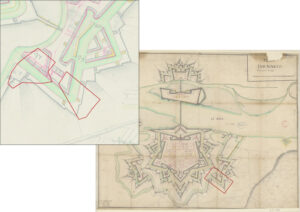 Localisation de l'empire de fouille par rapport au plan de Huningue à la fin du XVIIe siècle (plan dit " de Tarade", 1696, source : Gallica).